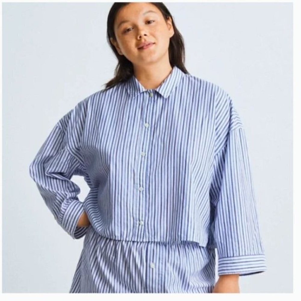 Everlane Cropped Oversized Blue White Striped Long Sleeve Button-up Size Medium